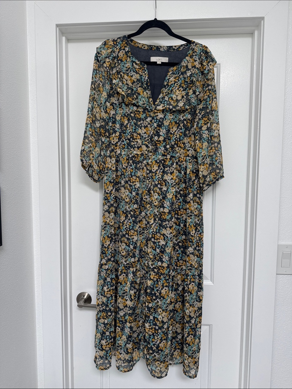 LOFT Black Floral Maxi Dress with Yellow & Teal Accents